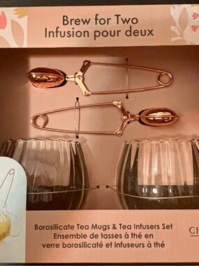 Ciroa Rose Gold Tea Infuser and Clear Borosilicate Glass Mug Set NIB